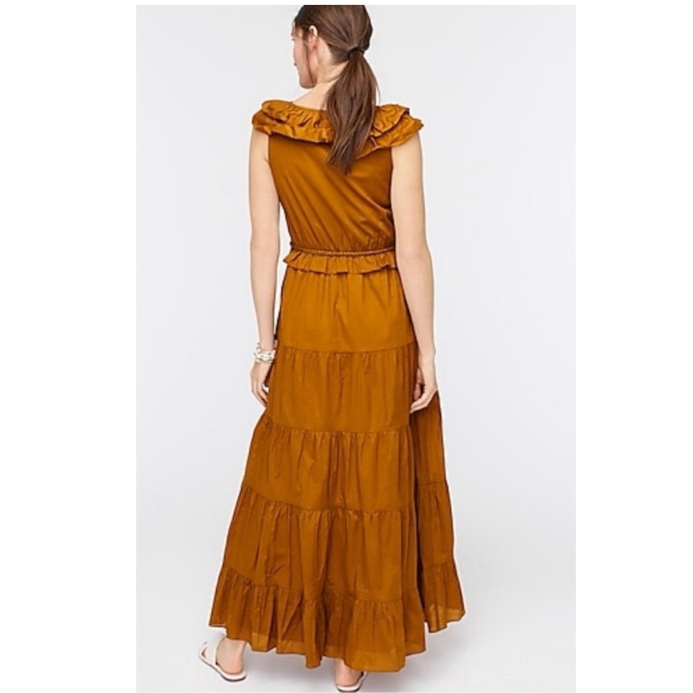 J. Crew Nina Boho Ruffled Romantic Prairie Maxi Dress Gold Bronze V Neck Sz 2 - Picture 7 of 11